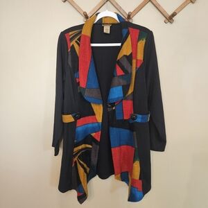 Midnight Velvet XL Open Front Cardigan Jacket Black Multicolor Geometric Boho